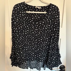 everleigh Navy Floral V-Neck Blouse with flutter long sleeve